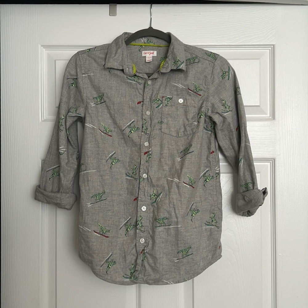 Grey Cat & Jack Kid’s Button Up Skiing Dino Print